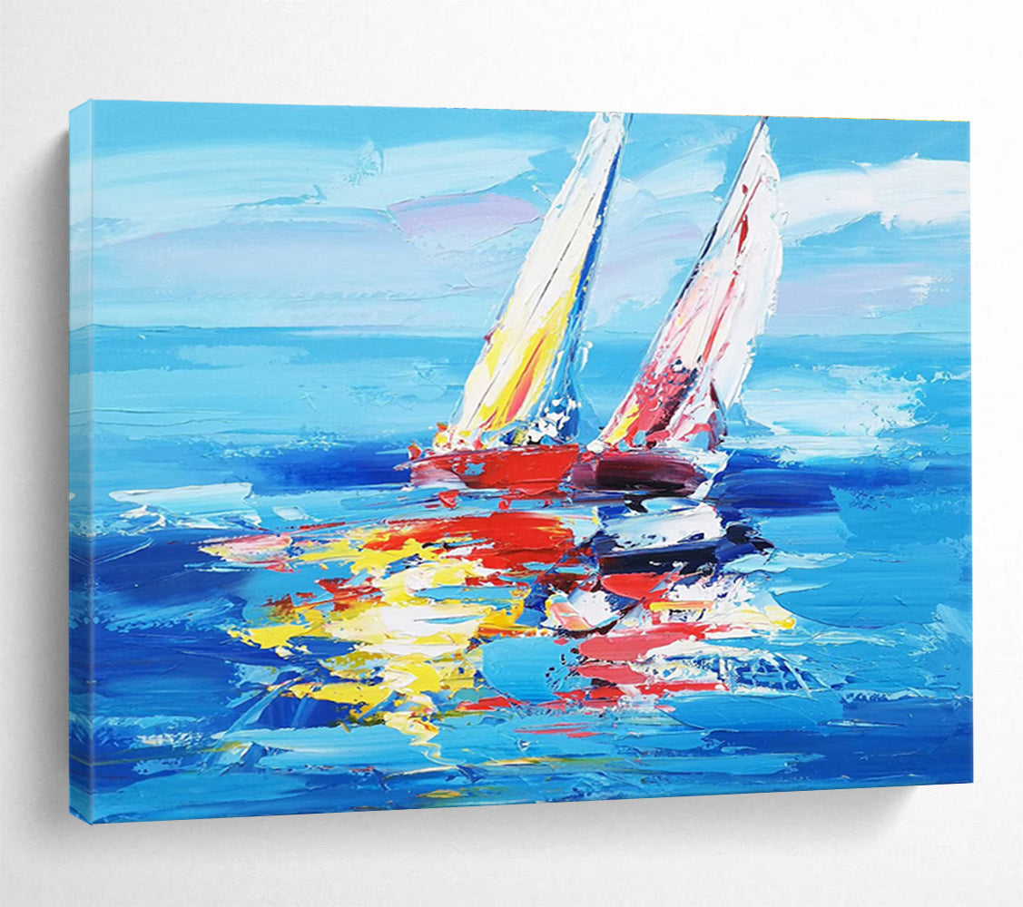 Colorful Sailboats Abstract Painting with Bold Blue and Vibrant Reflections THY268