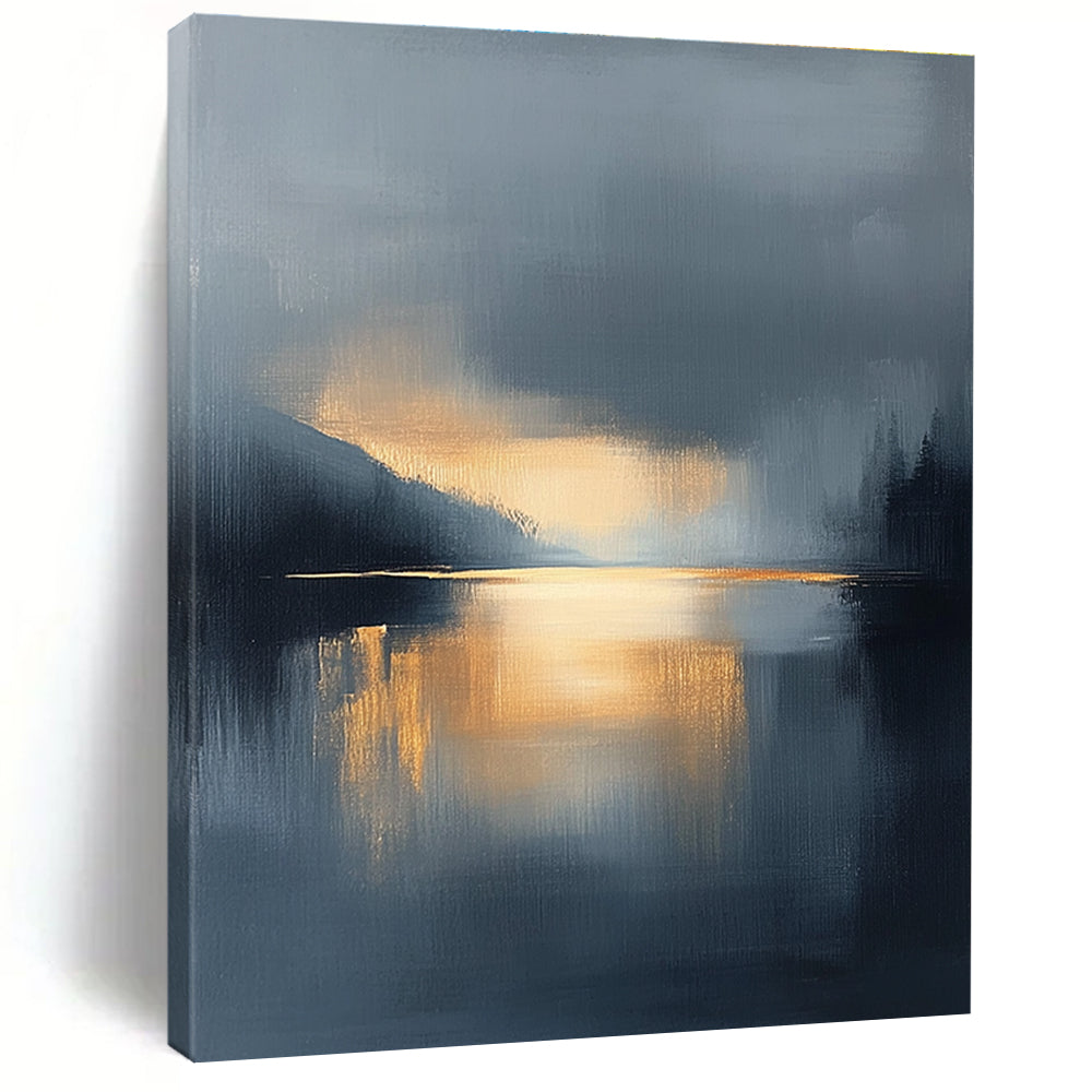 Large abstract oil painting featuring a lake and sky with navy blue and gold tones atmospheric clouds and reflections in calm waters.STSC167