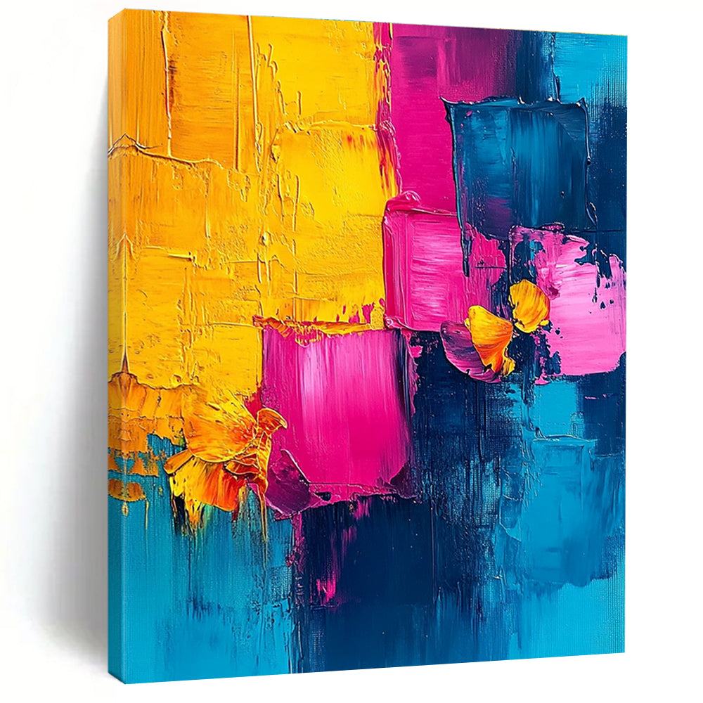 Vibrant abstract painting with pink blue yellow and teal using palette knife technique perfect for enhancing any space.STSC495