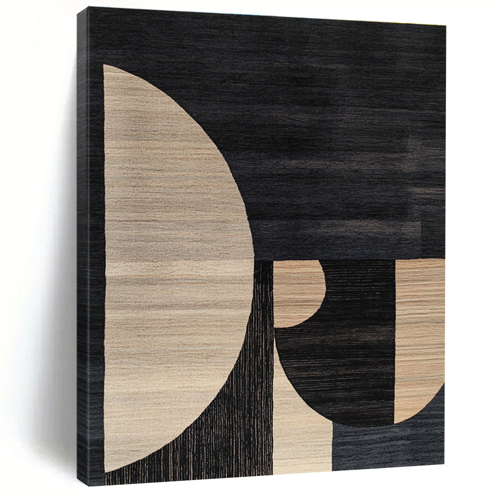 Large abstract rug featuring a minimalistic Bauhaus design with soft edges contrasting dark gray beige black and white tones.STSC1169