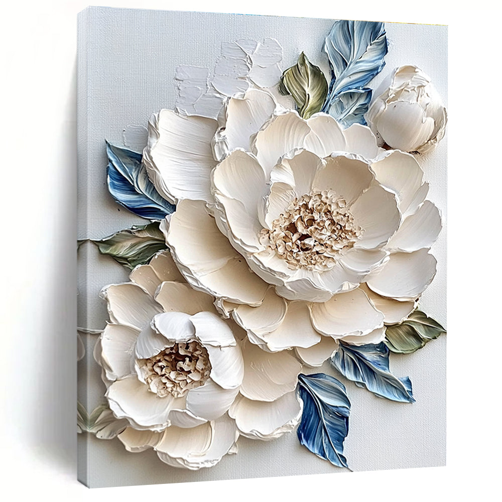 Large abstract painting of white peonies with impasto textures surrounded by blue and green leaves on a white background.STSC366
