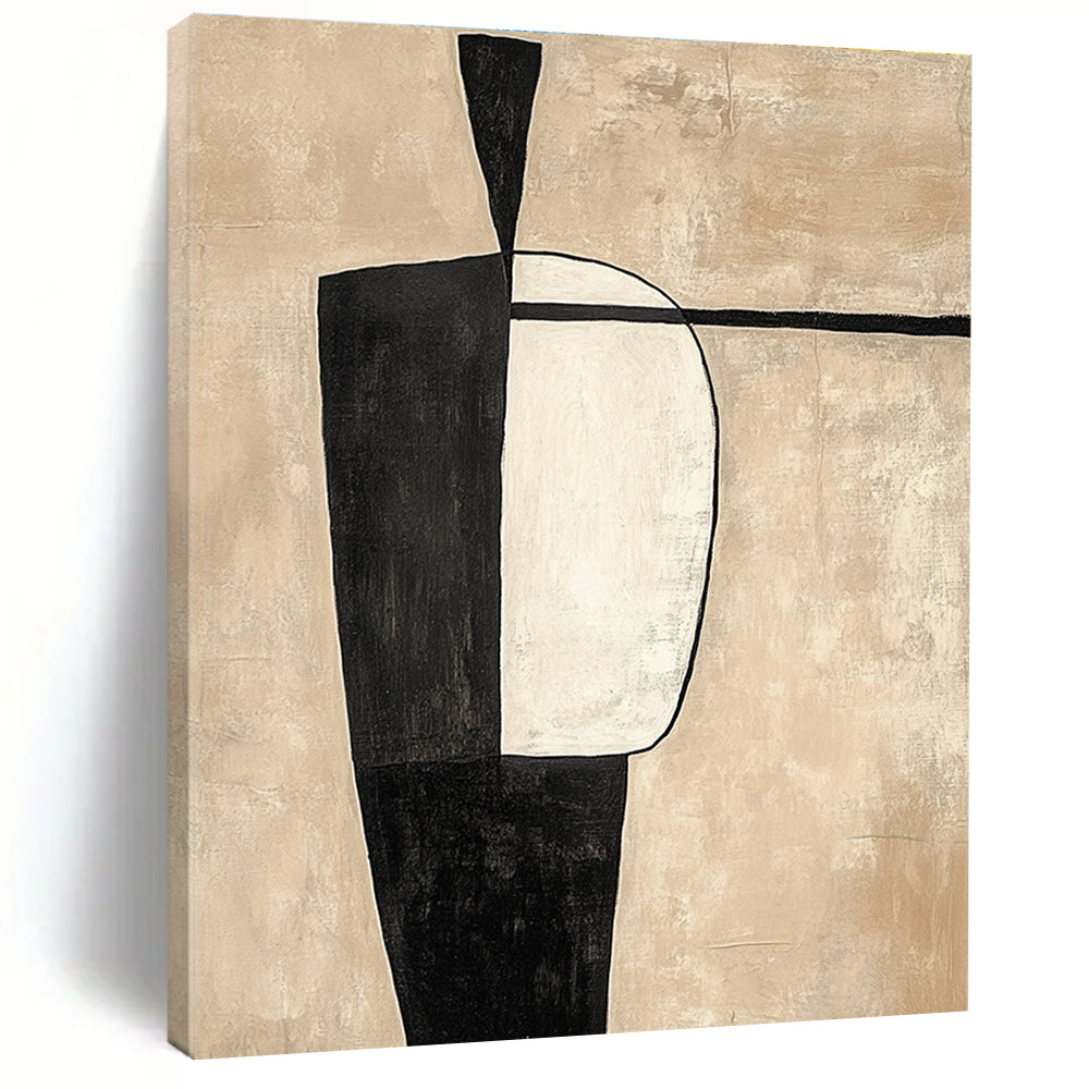 Beige and Black Abstract Painting with Minimalist Shapes GER142