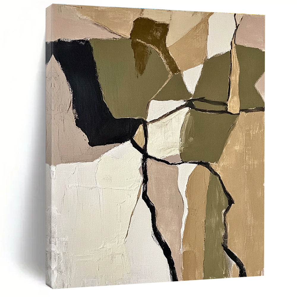 Large abstract painting featuring textured beige and olive green shapes inspired by Robert Motherwell evoking calmness through earthy tones and organic forms.STSC844