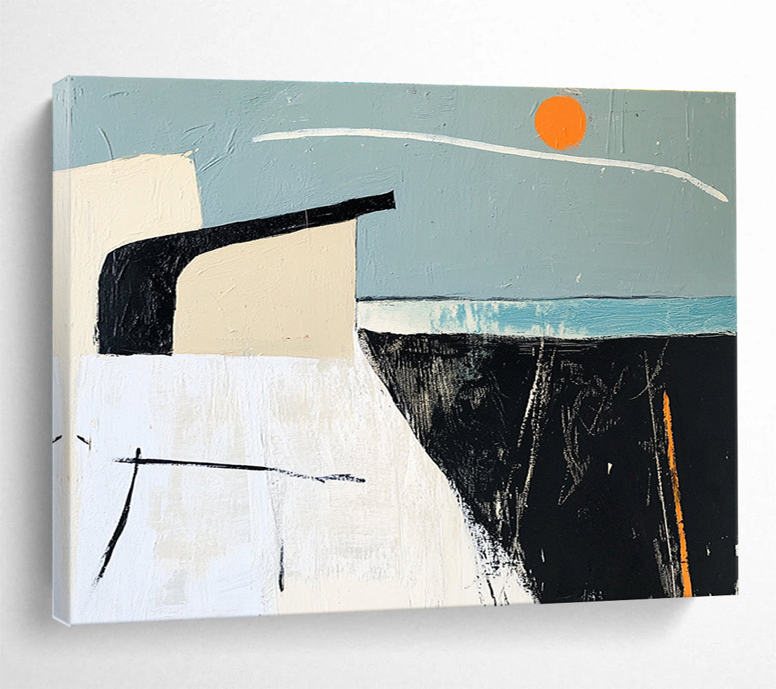 A large abstract painting featuring sea-themed black and white lines, blue and gray blocks, orange accents, and a simple house silhouette against a clear sky.SC388