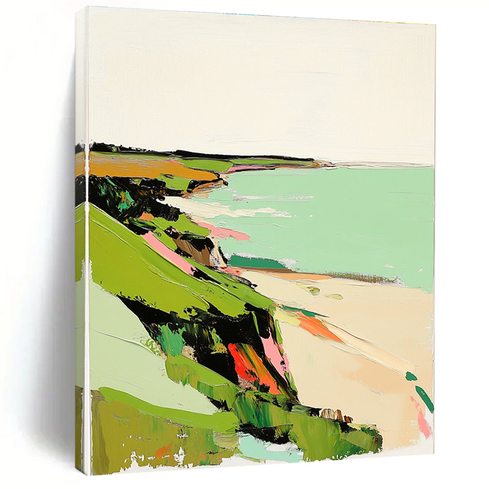 Abstract painting featuring green coastal landscape in muted tones with pink highlights textured with thick brush strokes on a white background.STSC1299