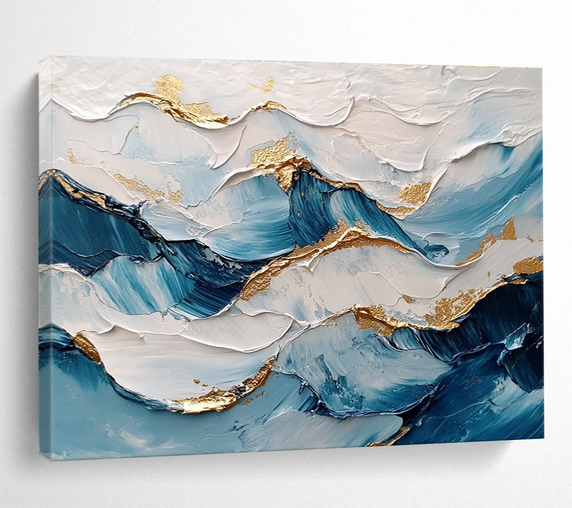 Wave - like Blue White Gold Abstract Painting with Metallic Accents DYP261