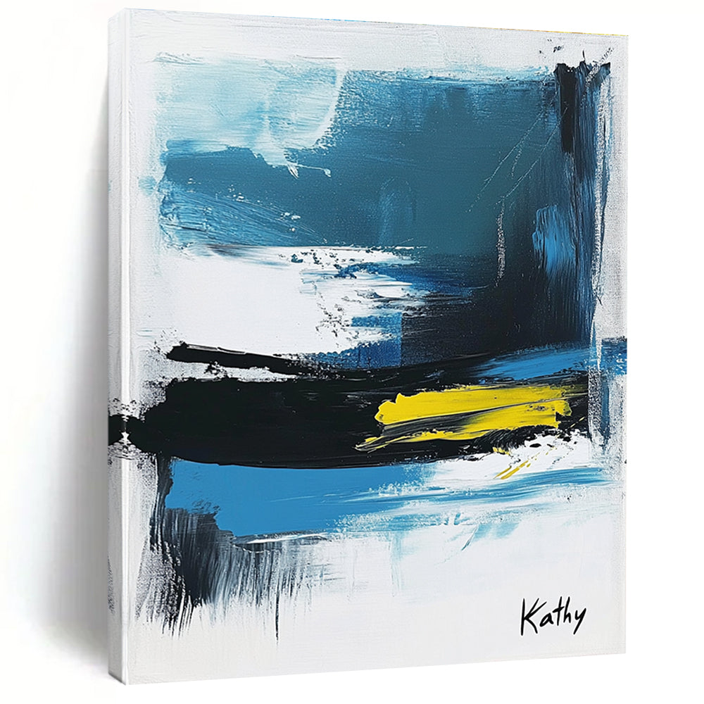 Large abstract painting of the sea featuring blue black and white brush strokes with yellow accents signed by Kathy.STSC1423