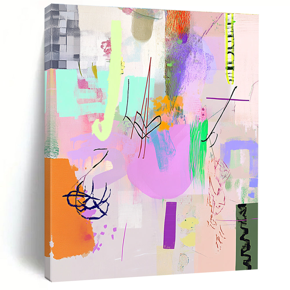 A large abstract painting featuring light pink purple and green shapes with line art and textures in a playful collage-inspired style.STSC1042