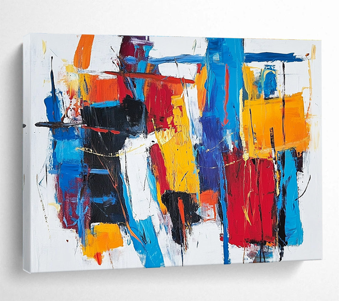 Large abstract painting with thick brush strokes and vibrant reds blues and yellows creating a unique abstract cityscape on a white background.SC262