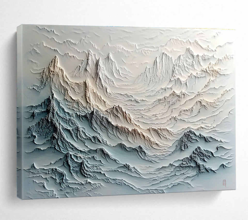 Layered Mountain Range Relief Abstract Painting with Gray and Beige Textures DYP620