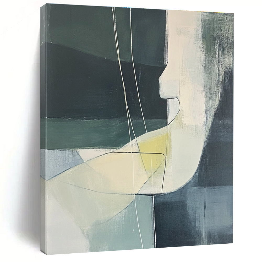 Large abstract painting featuring a woman's body in soft green and grey tones with white lines and yellow details on a black background.STSC672