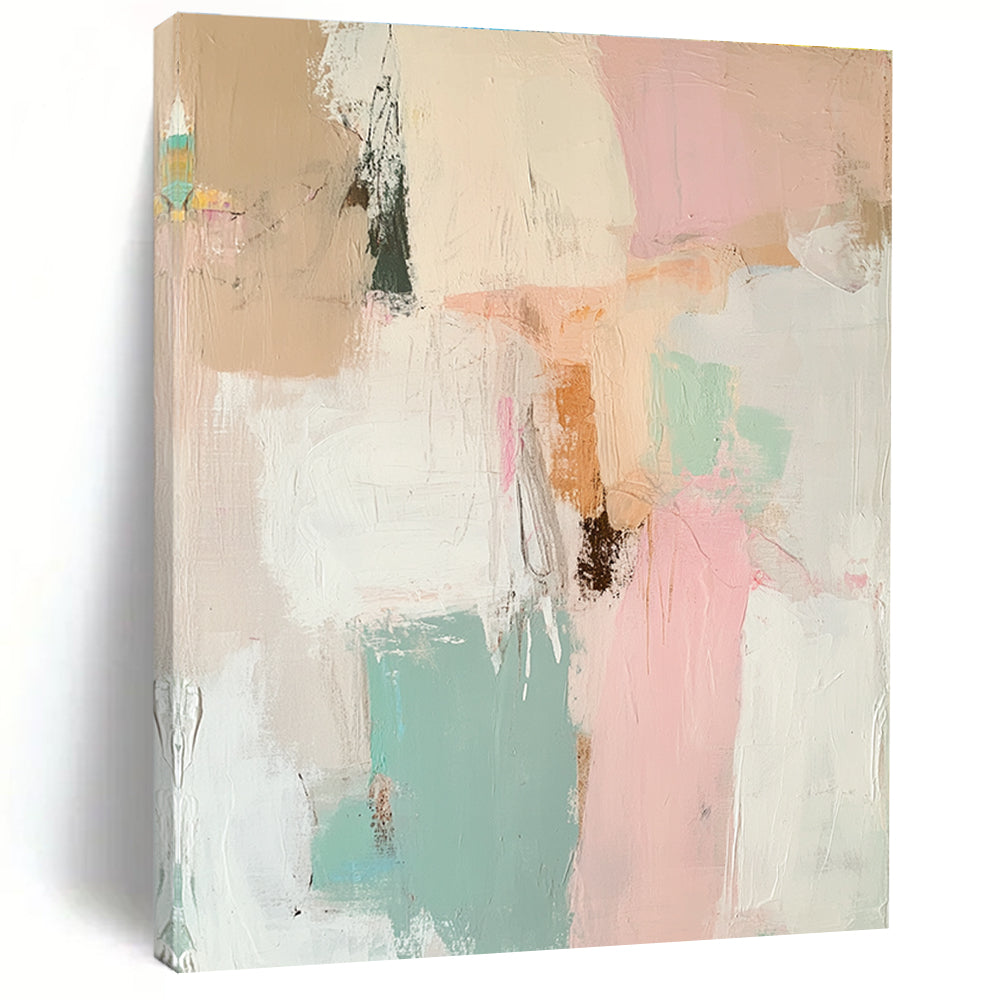 Large abstract painting with soft pinks whites sage greens and earthy tones featuring dreamy human and animal forms in a tranquil nostalgic atmosphere.STSC806