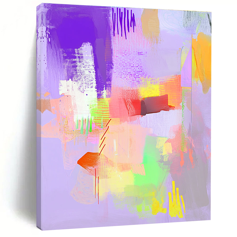 Large abstract painting features light pastel colors and joyful textures, creating an uplifting and aesthetically pleasing atmosphere.STSC545
