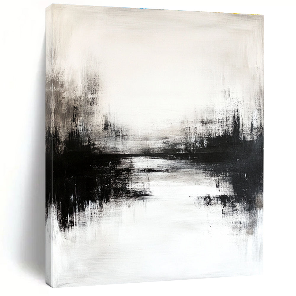Large abstract painting featuring black and white tones with soft hazy reflections in neutral colors creating a low-contrast atmospheric effect.STSC234