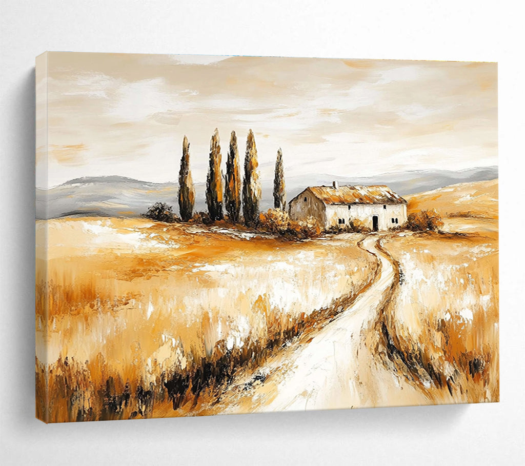 Hand-painted abstract artwork of a rustic farmhouse amidst golden fields and cypress trees evoking nostalgia and tranquility in nature's beauty.SC543