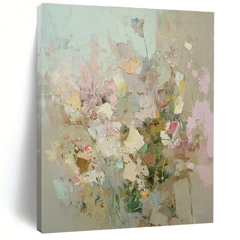 Large abstract painting of an overgrown garden with soft pastel colors and thick brushstrokes inspired by Peter Wileman and Cecily Brown.STSC588