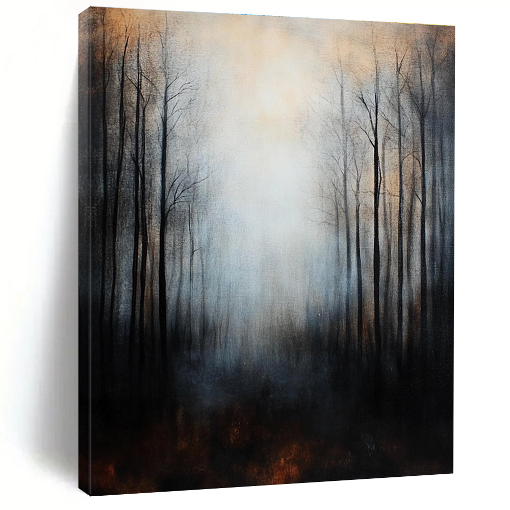 Large abstract painting depicting misty forest trees in dark tones with a surreal ambiance and intricate details for a moody atmospheric effect.STSC061