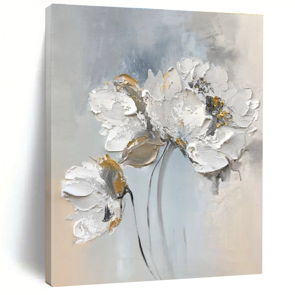 Textured Floral Abstract Painting with Gray and Gold Accents ADGE447