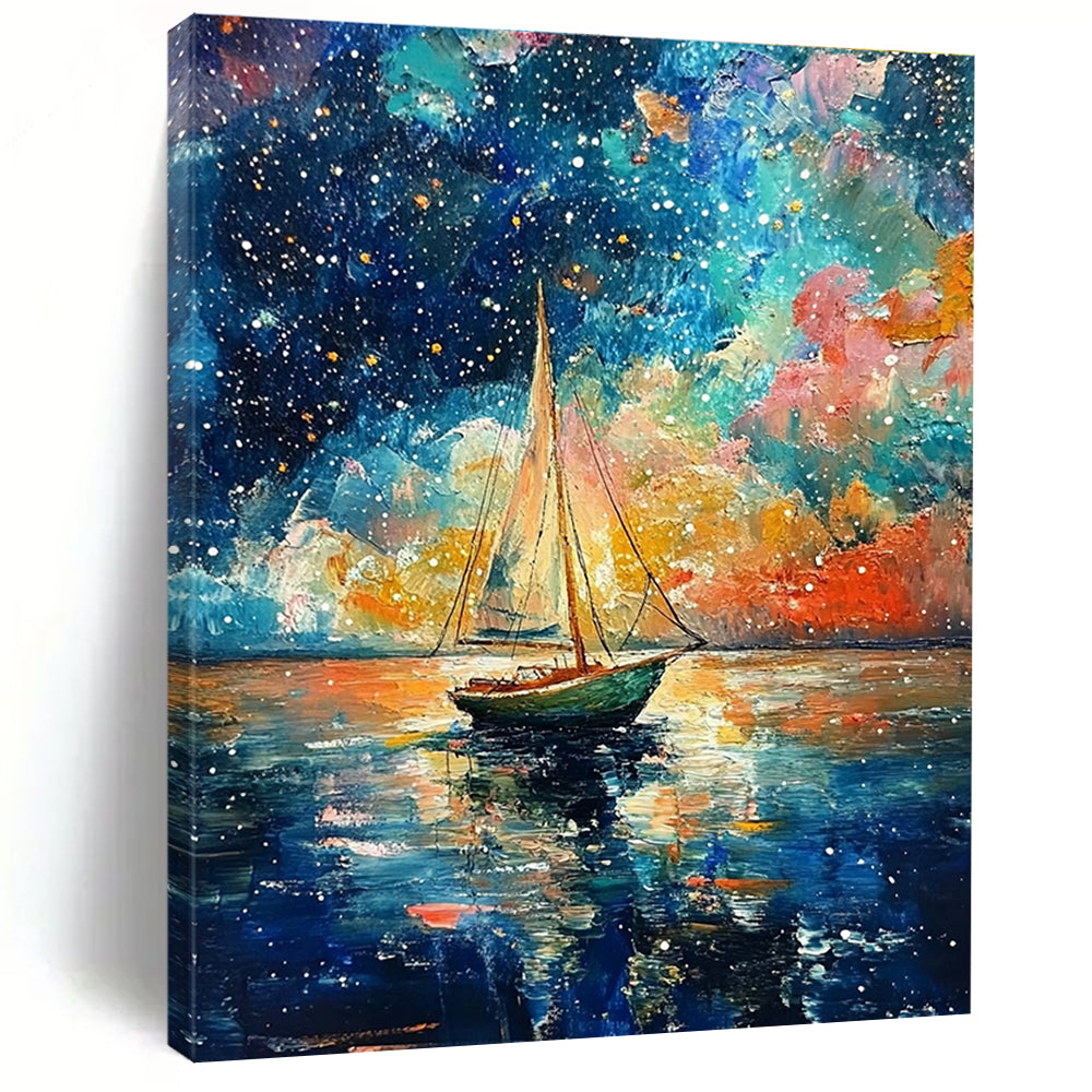 A large abstract painting featuring a small sailboat amidst vibrant colors and dreamy sky reflections in the style of Van Gogh.STSC1199