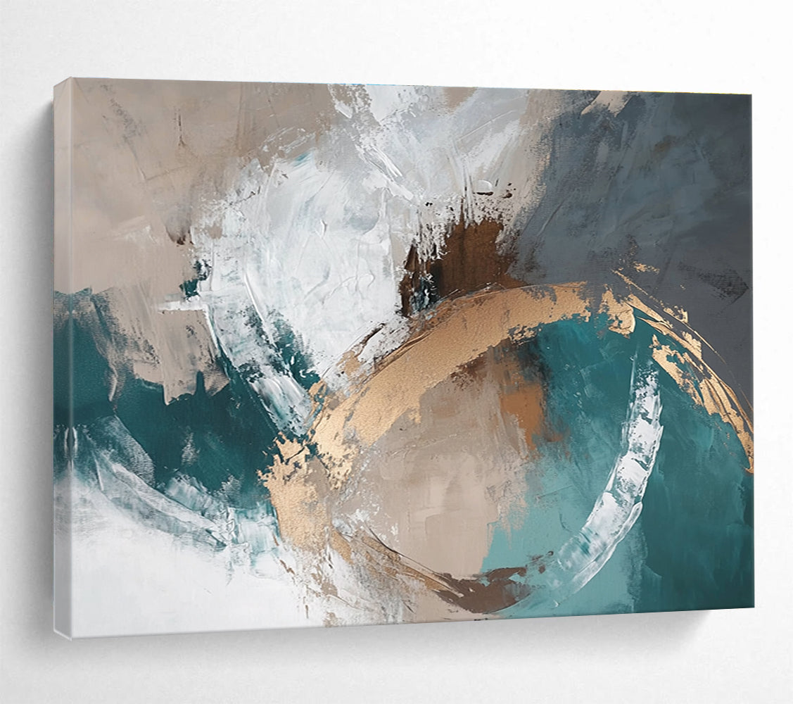 Teal and Gold Abstract Painting with Swirling Textures DYP402