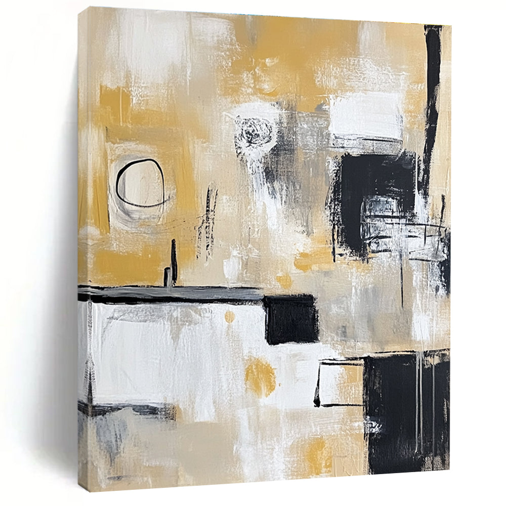 Yellow - Toned Abstract Painting with Black, White, and Beige GER321