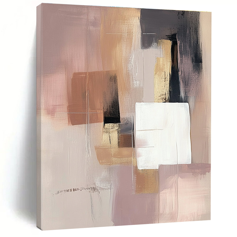 Large abstract painting in soft pink beige and grey with white squares and a brown gray shape featuring gold accents.STSC808