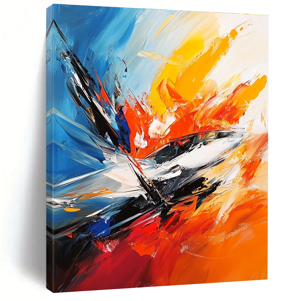 Large abstract painting featuring the F-20 fighter jet in a vibrant action scene with chaotic brush strokes and dynamic colors.STSC703