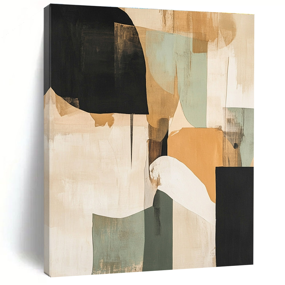 Large abstract painting with beige black and green tones layered with texture featuring organic shapes and a light orange design resembling a tree or cloud.STSC737