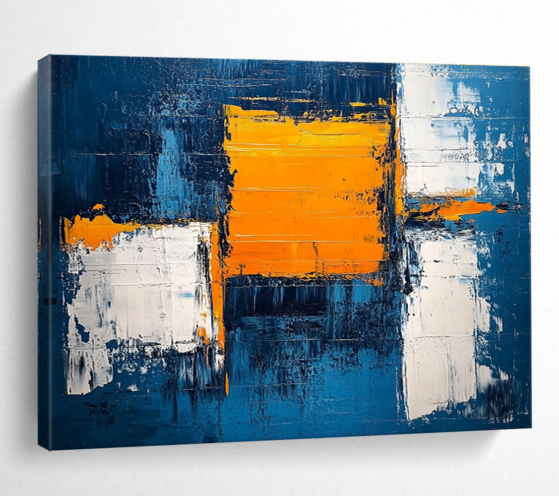 Blue and Orange Abstract Painting with Textured Color Blocks DYP382