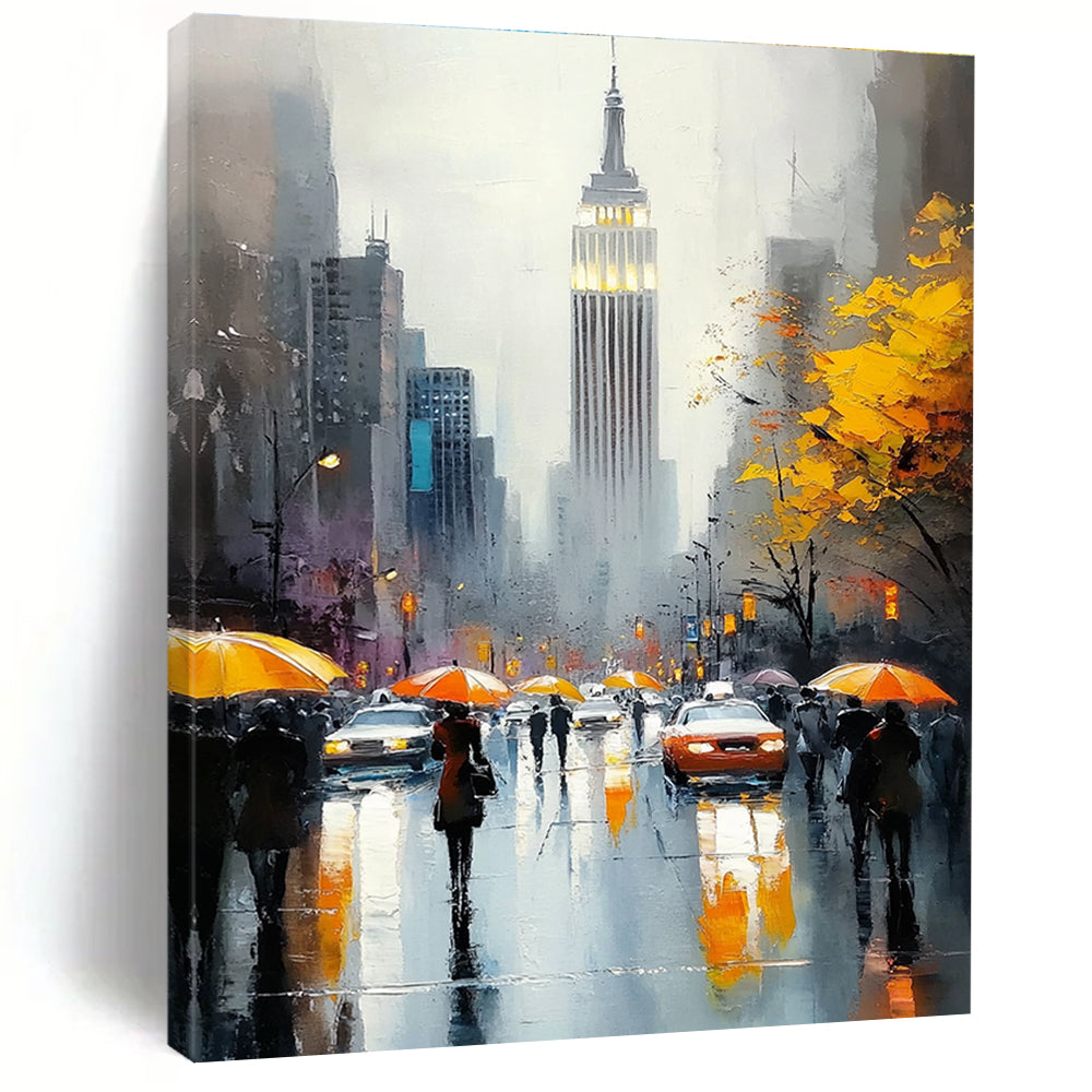 A large abstract painting capturing the Empire State Building with vibrant crowds on a rainy day featuring reflections and warm accents.STSC1137
