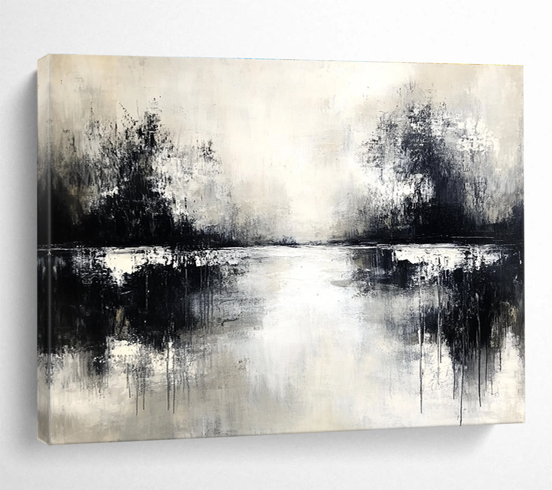 An abstract painting in black and white with neutral tones soft edges on canvas featuring atmospheric elements and a serene water reflection.SC056