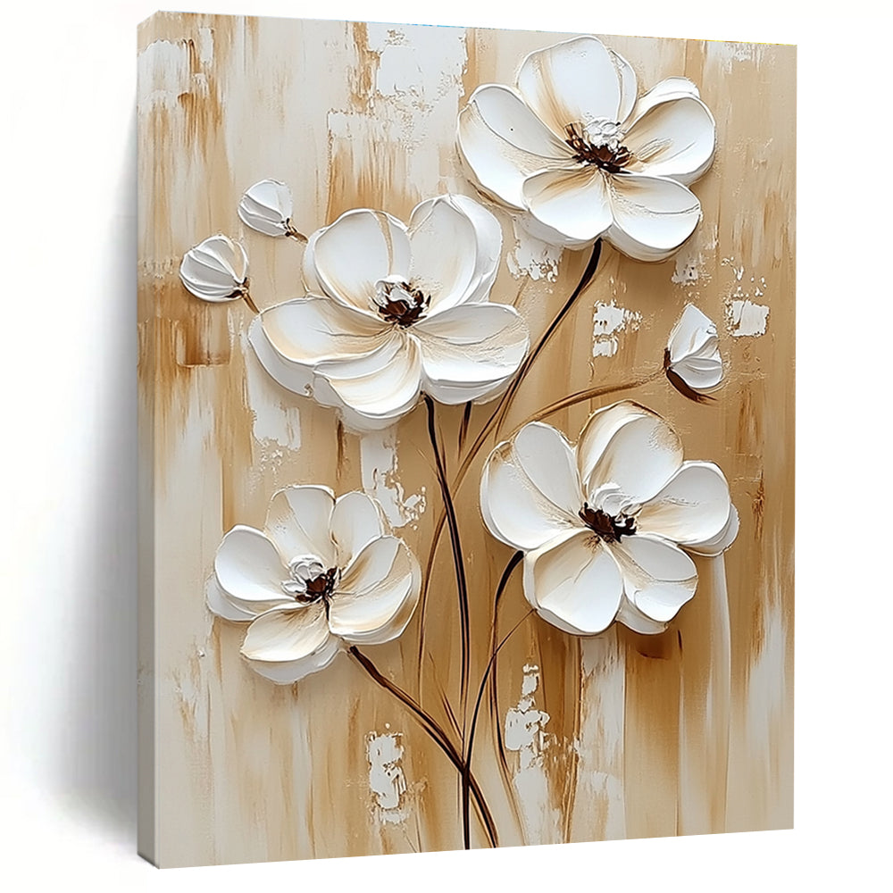 Abstract painting featuring white flowers on a beige background in a white cream and brown palette ideal for modern decor.STSC1479