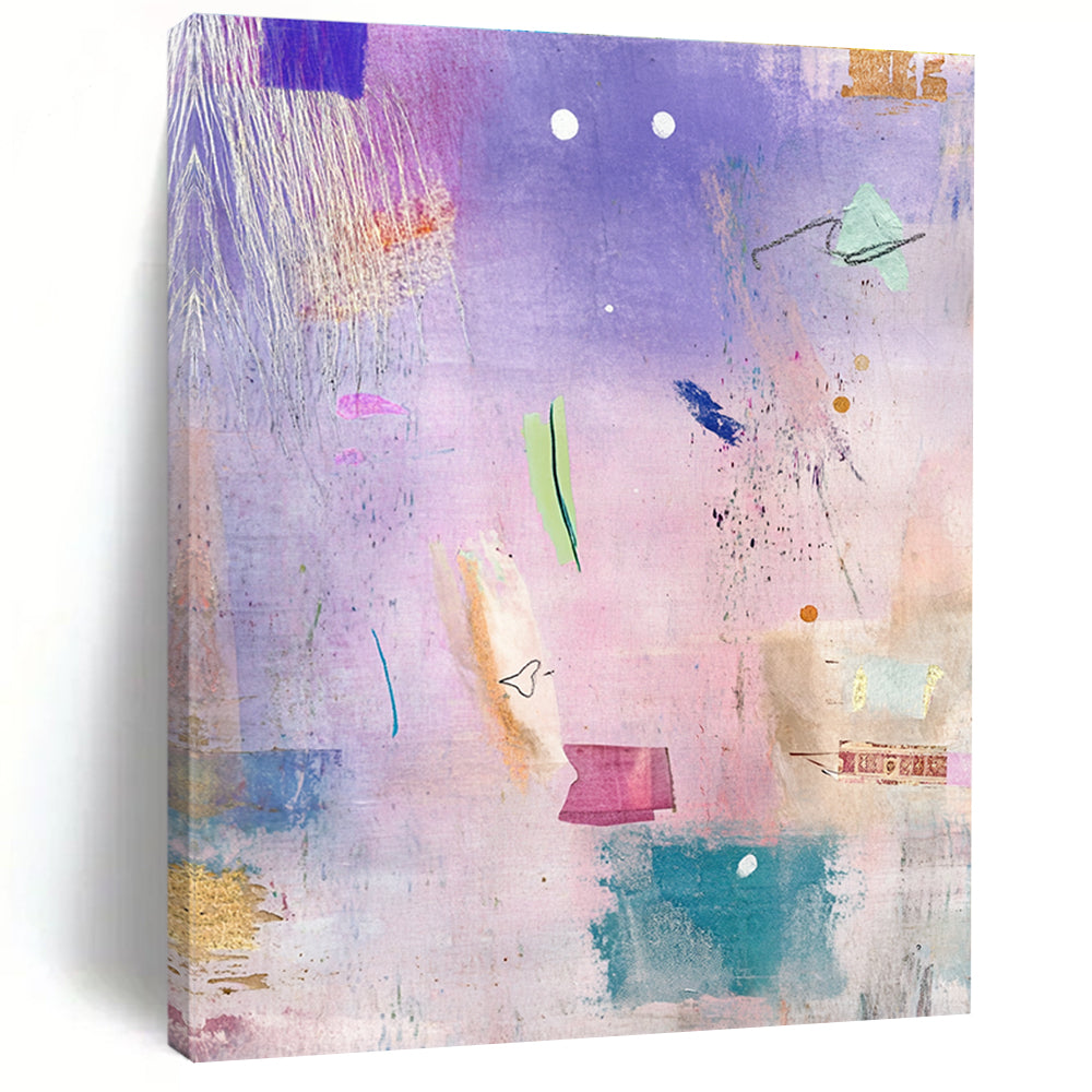 Abstract painting featuring pastel textures shapes dreamy atmosphere with dragonflies swans scattered books fabric feathers leaves watercolor technique whimsical aesthetic.STSC605