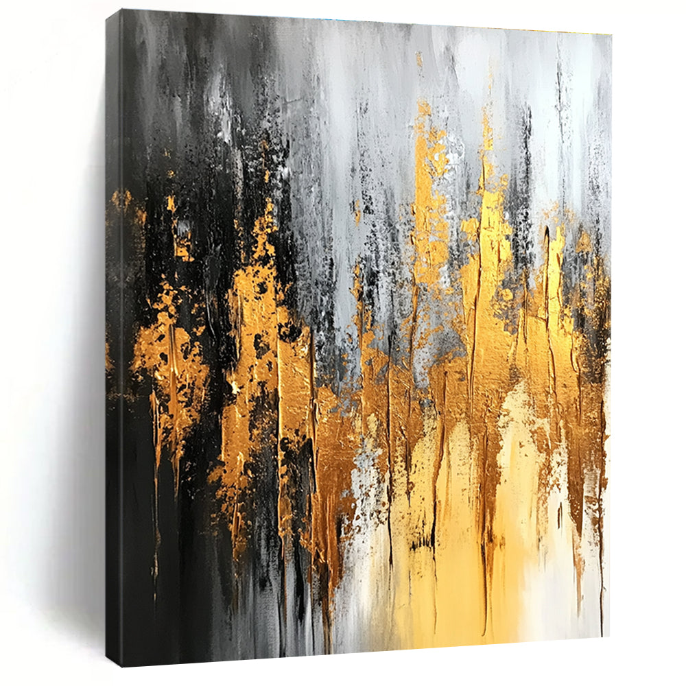 Gold Gray and Black Abstract Painting with Dripping Effects GER696