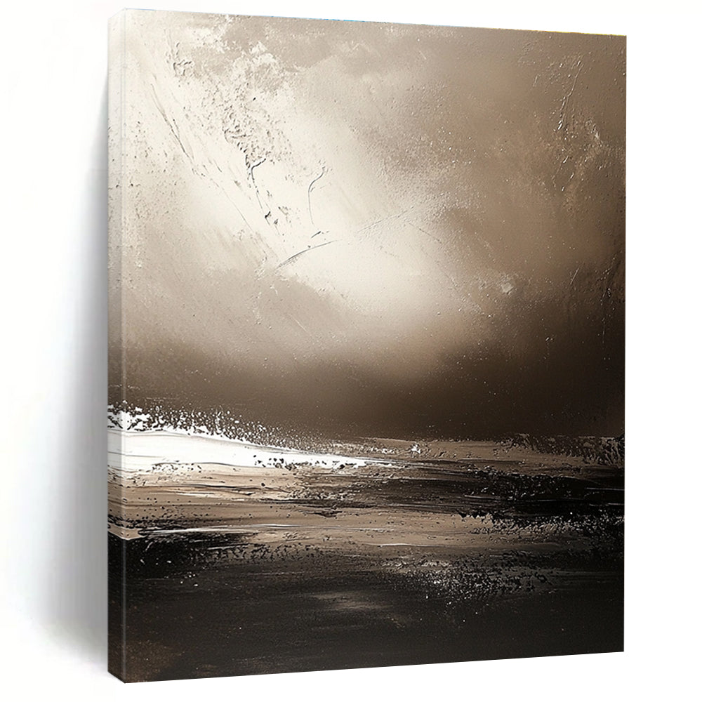 Large abstract painting showcasing Earth's horizon in sepia tones with textured brushstrokes creating a calming atmosphere and distant landscapes.STSC646