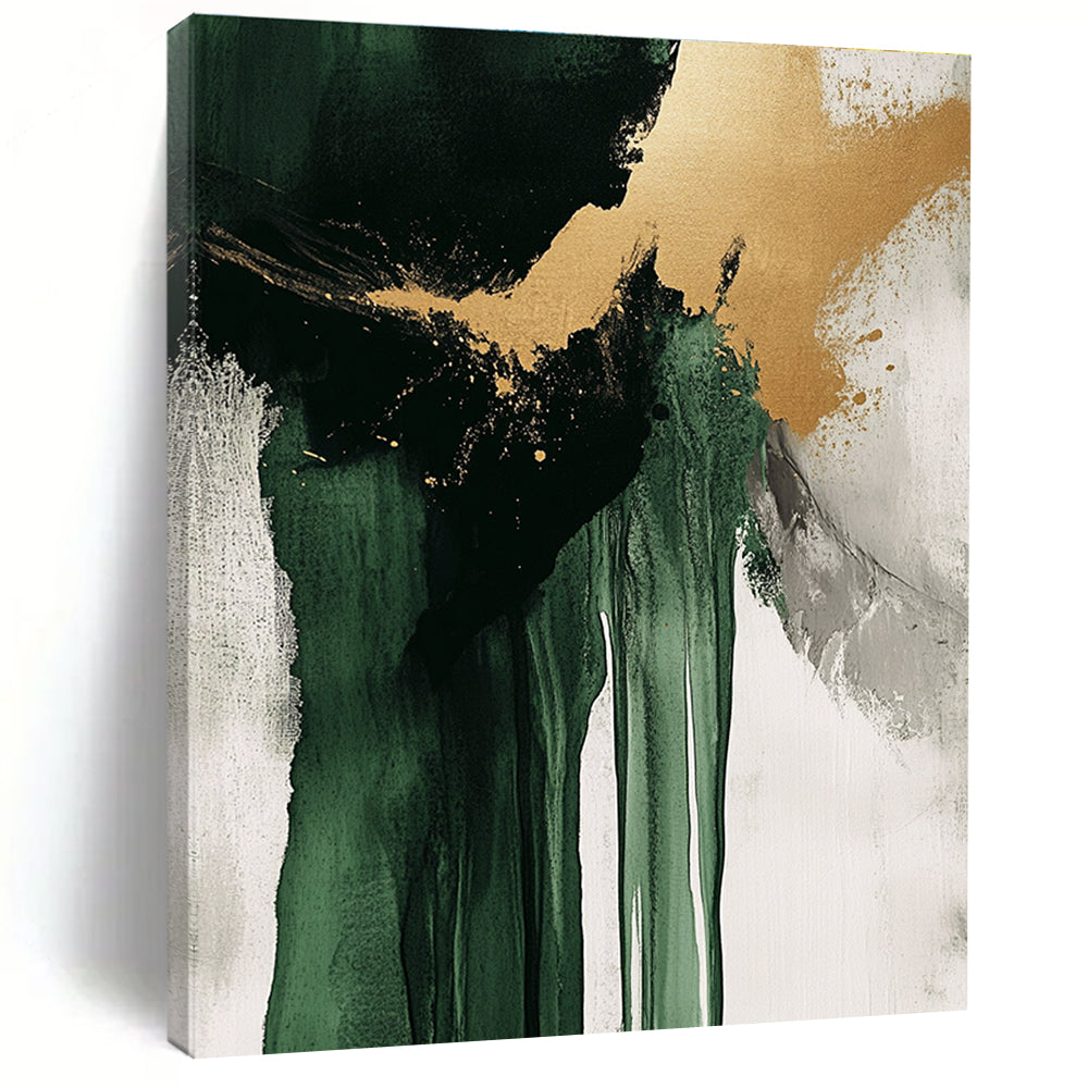 Green Gold Gray and White Abstract Painting with Dramatic Drips GER634