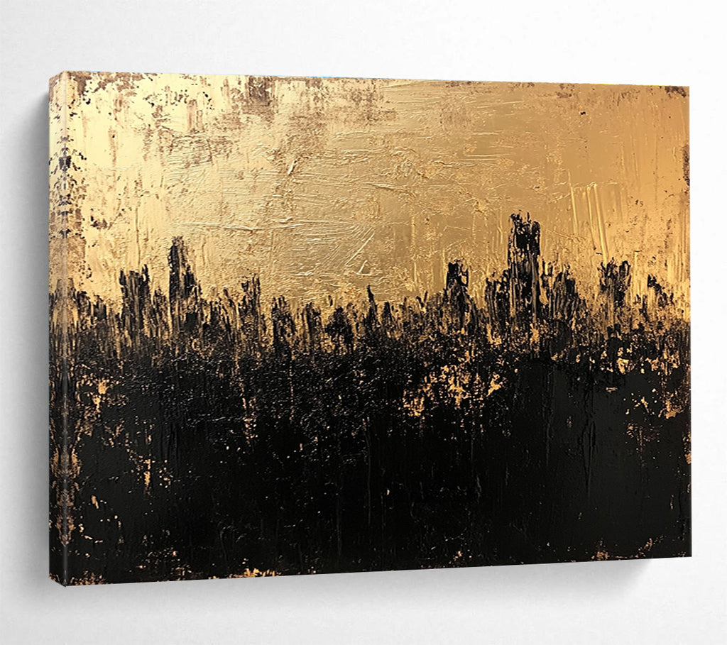 Large abstract painting in gold and black featuring a textured surface that captures a dark cityscape with an atmospheric moody quality.SC143