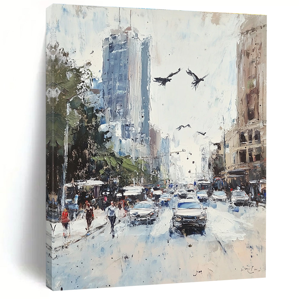 Large abstract painting featuring a vibrant Sydney street scene with soft pastel colors and impressionist brush strokes.STSC1135