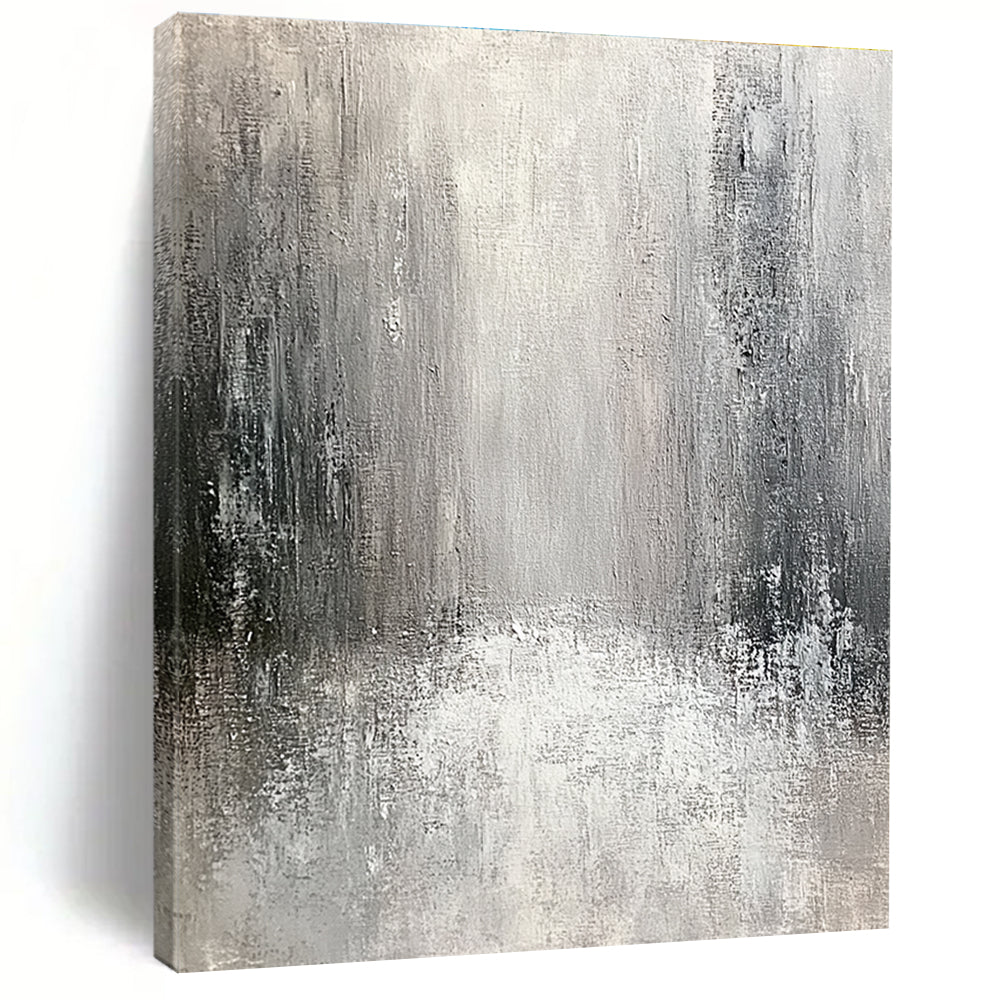 Large abstract painting of an old city featuring textured canvas in neutral tones with gray and white and silver accents creating an atmospheric perspective.STSC267