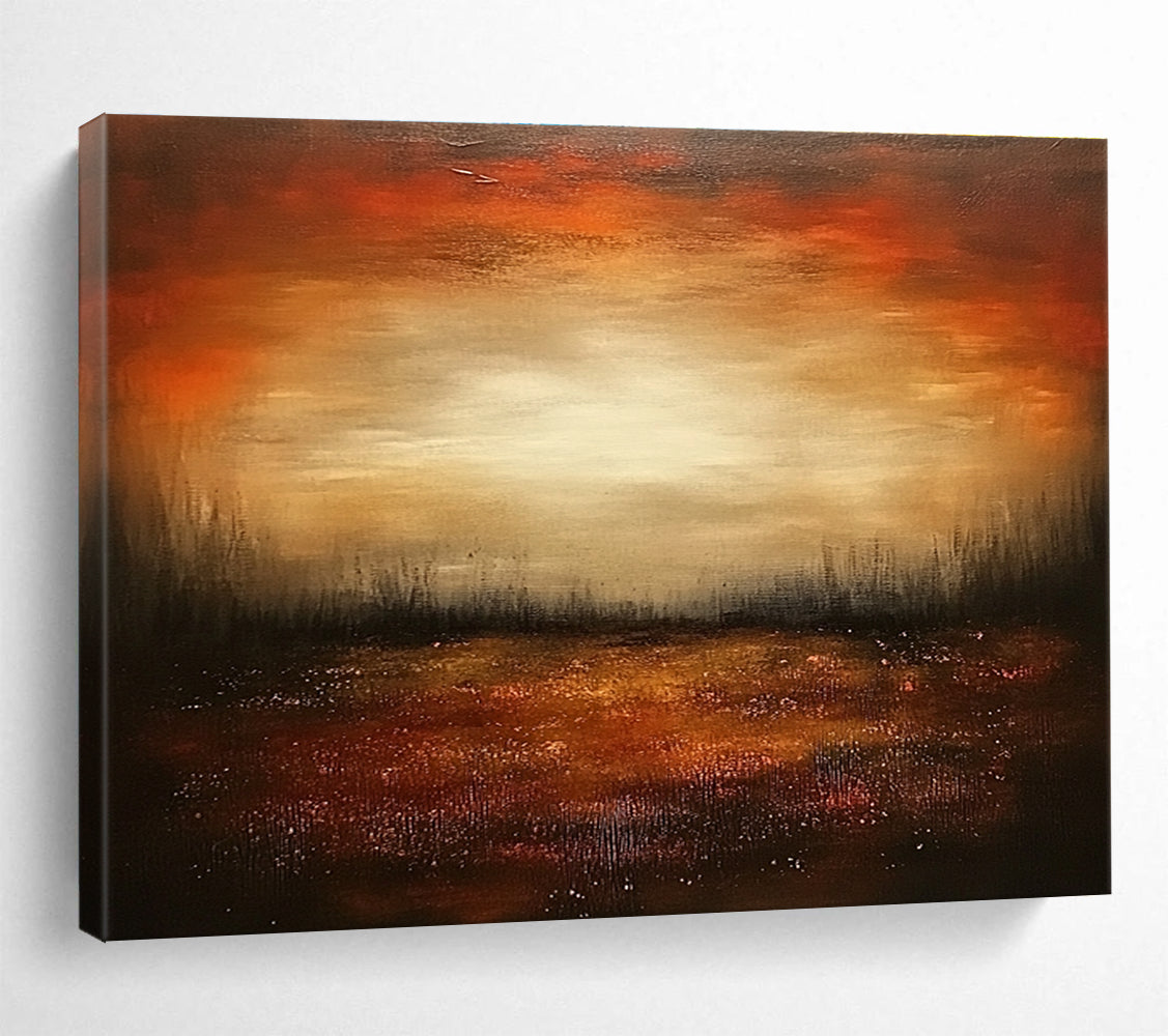 Dark Sunset Field Abstract Painting with Warm Oranges and Browns DYP246