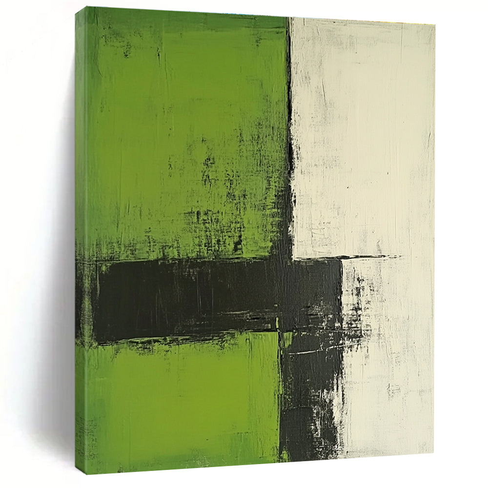 Large abstract painting with green and white colors featuring minimalist brushstrokes black lines and strong texture in a simple composition.STSC422