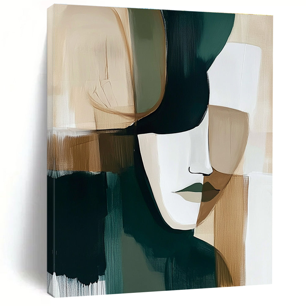 Abstract painting in dark green beige and white tones perfect for modern decor adding elegance and intrigue to any space.STSC749