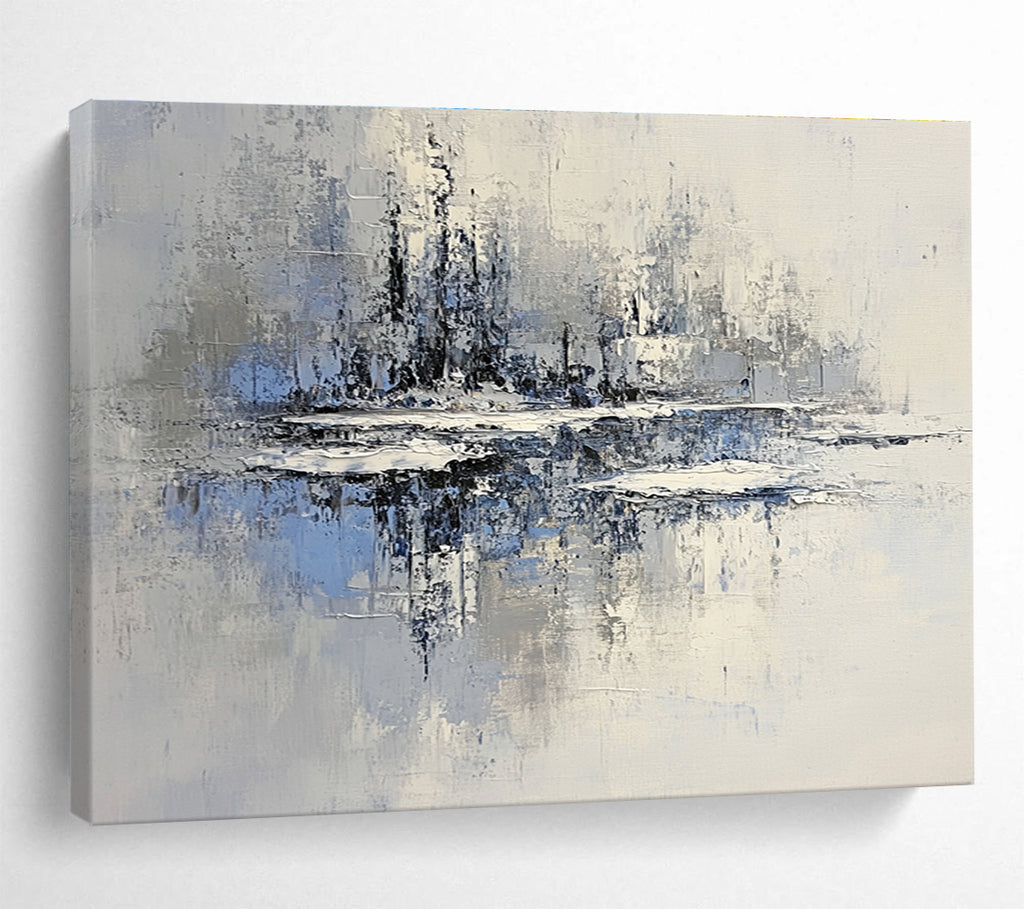 Large abstract painting of an icy lake with floating islands in muted gray and blue tones featuring textured brush strokes and serene winter lighting.SC158