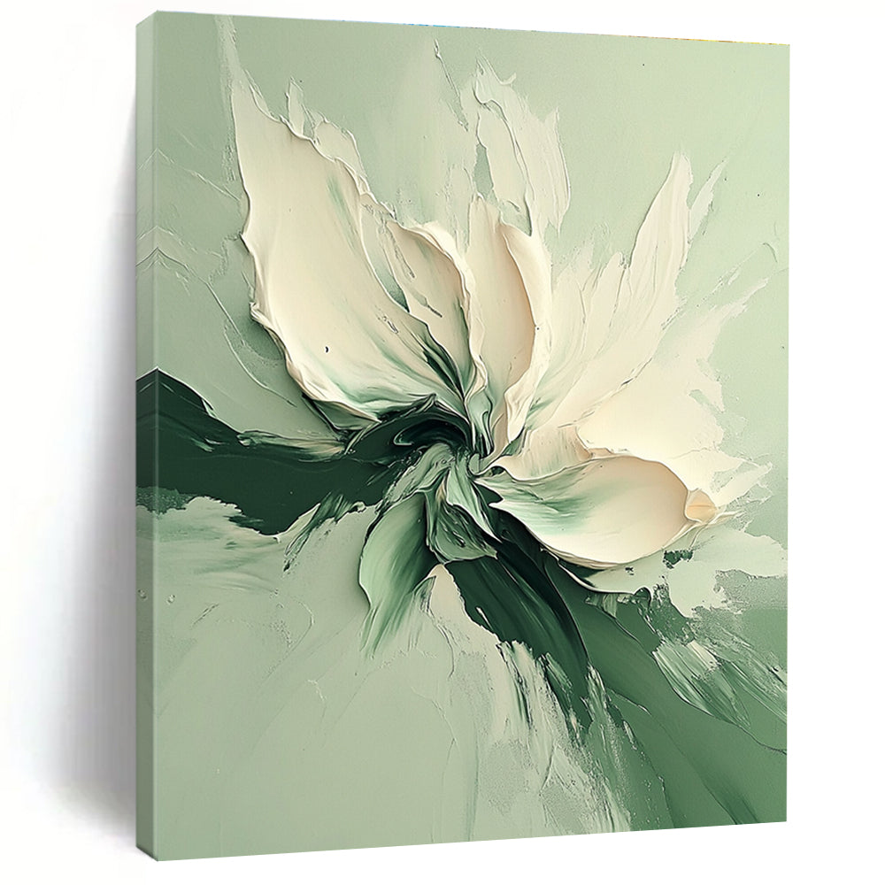 Green and White Abstract Painting with Textured Flower GER569