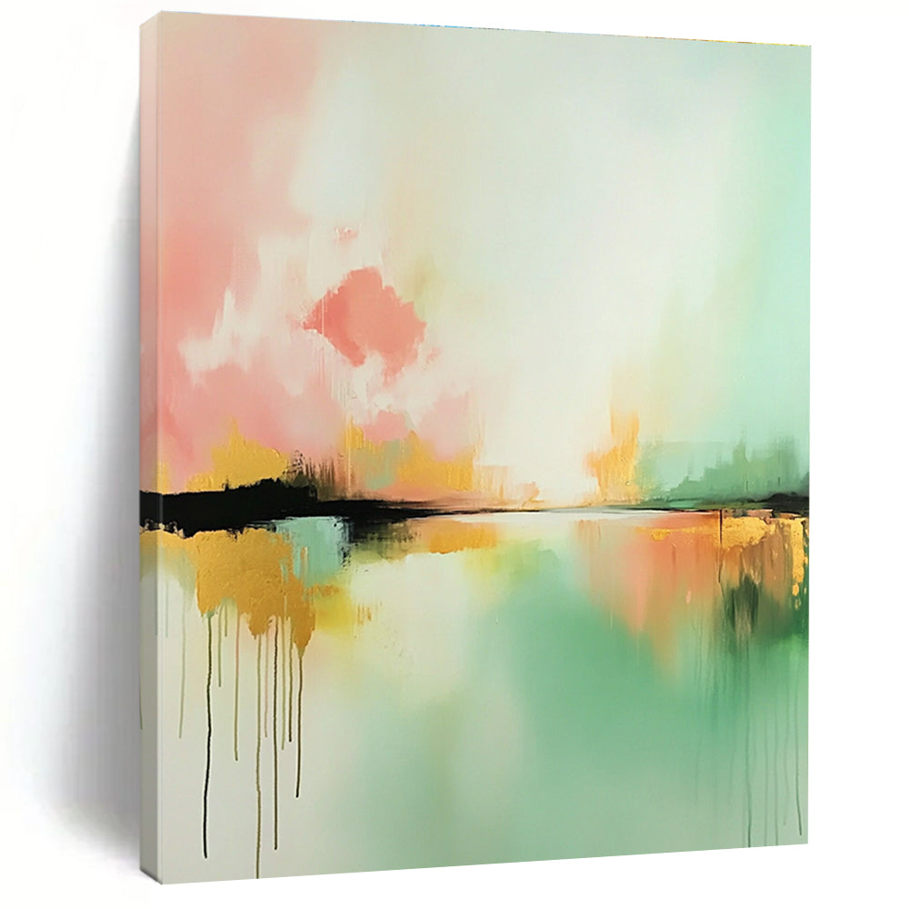 Large abstract painting inspired by Claude Monet featuring light pink mint green and gold hues with expressive brush strokes and a serene water foreground.STSC086