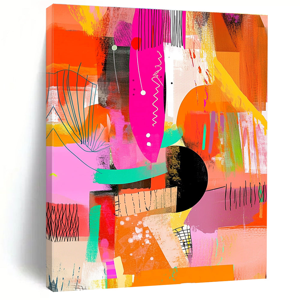 A large abstract painting featuring vibrant pink orange yellow green and black hues with dynamic shapes textures and patterns for modern decor.STSC1222