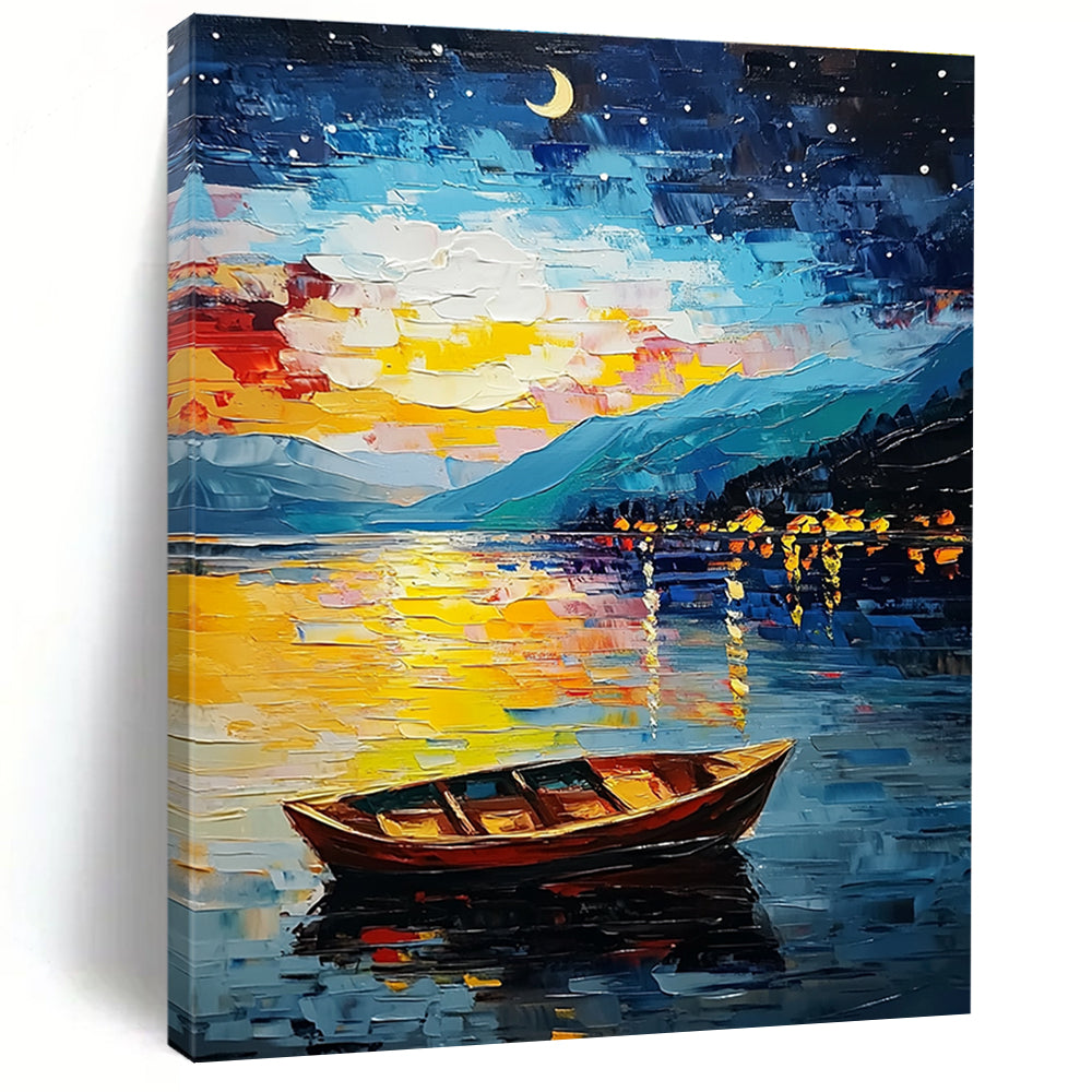 Large Abstract Painting of Lake Tahoe at night featuring stars moon colorful sky small boat mountain reflections in vibrant oil paint style.STSC1132