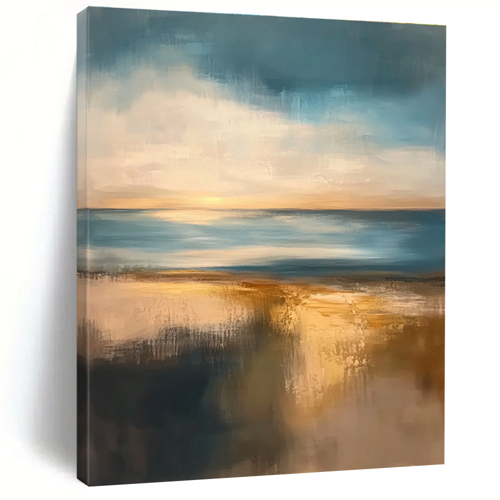 Large abstract painting featuring muted colors at golden hour with soft edges and tranquil sea reflections creating a serene atmosphere.STSC076