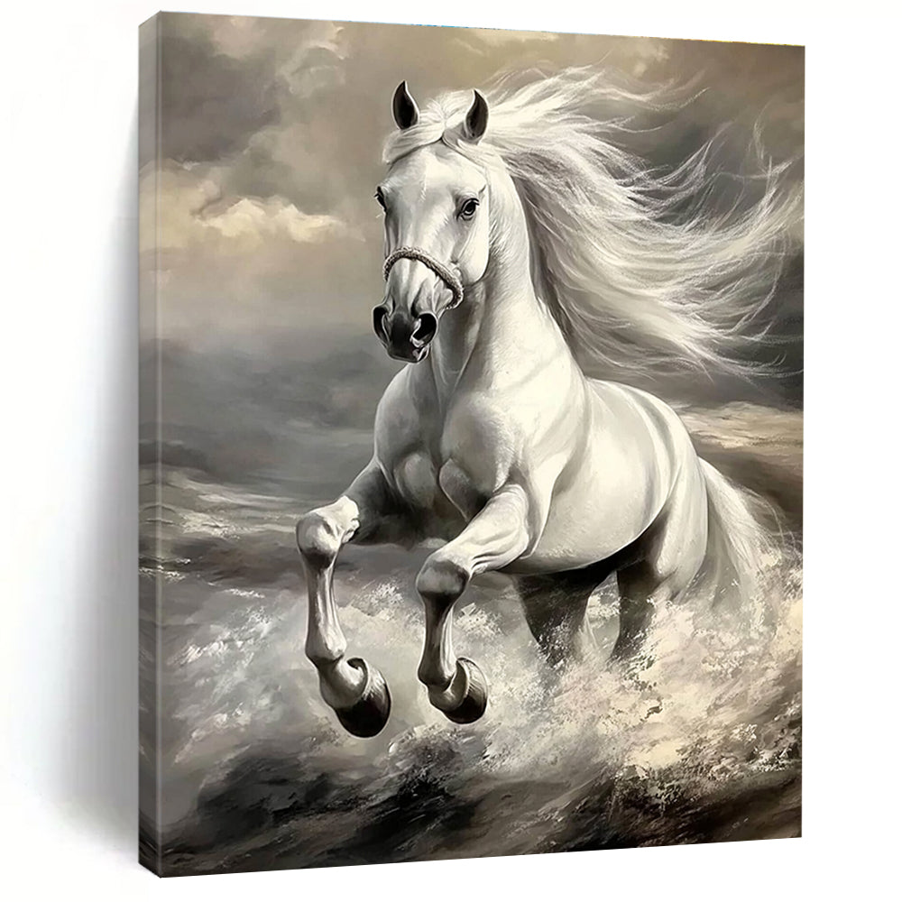 An abstract painting featuring a majestic white horse in motion with a grey color palette highlighting its powerful features and flowing mane.STSC1053