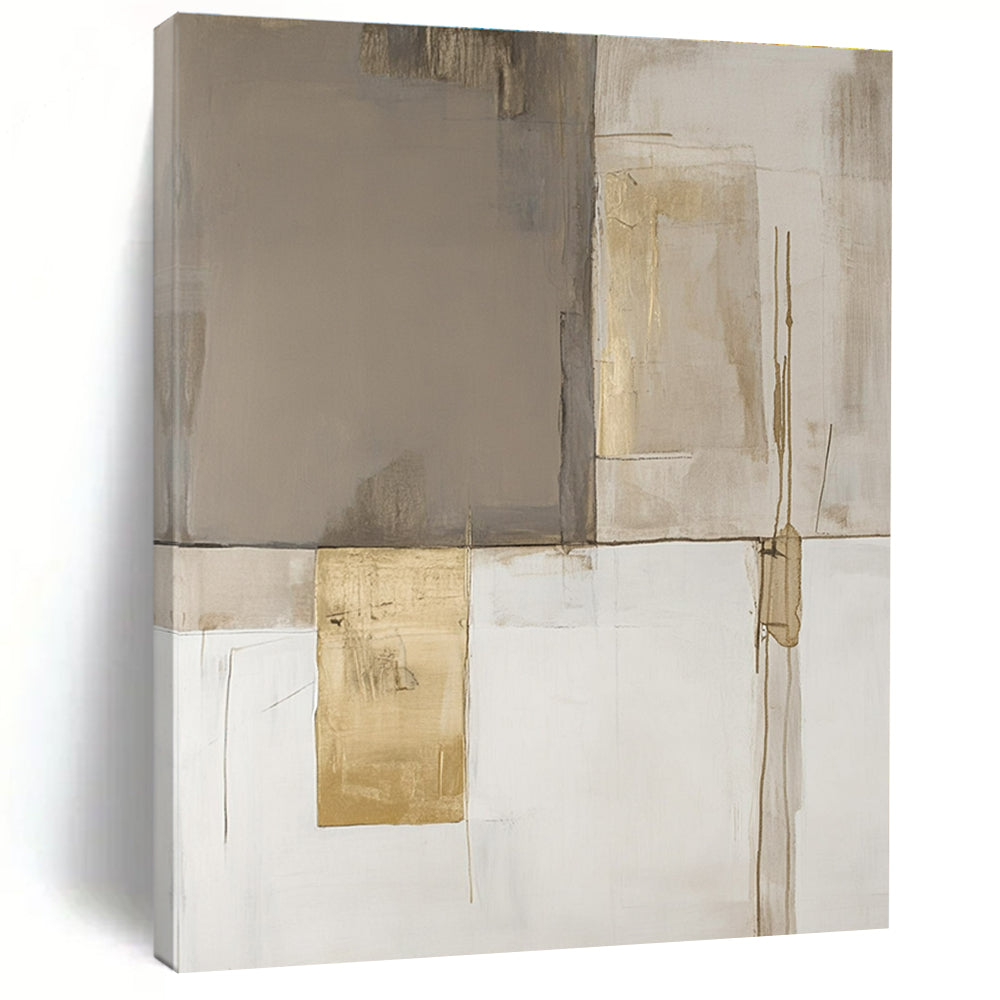 Large abstract painting in minimalist style featuring beige and white blocks with gold accents in soothing neutral tones.STSC245